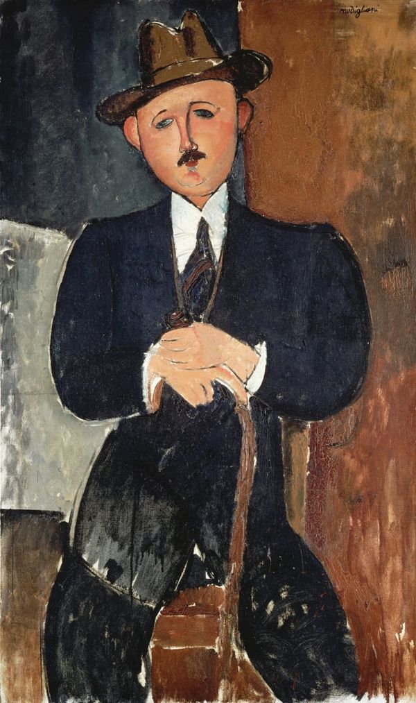 莫迪利安尼 Amedeo Modigliani – 持拐杖的男人 Seated Man with a Cane